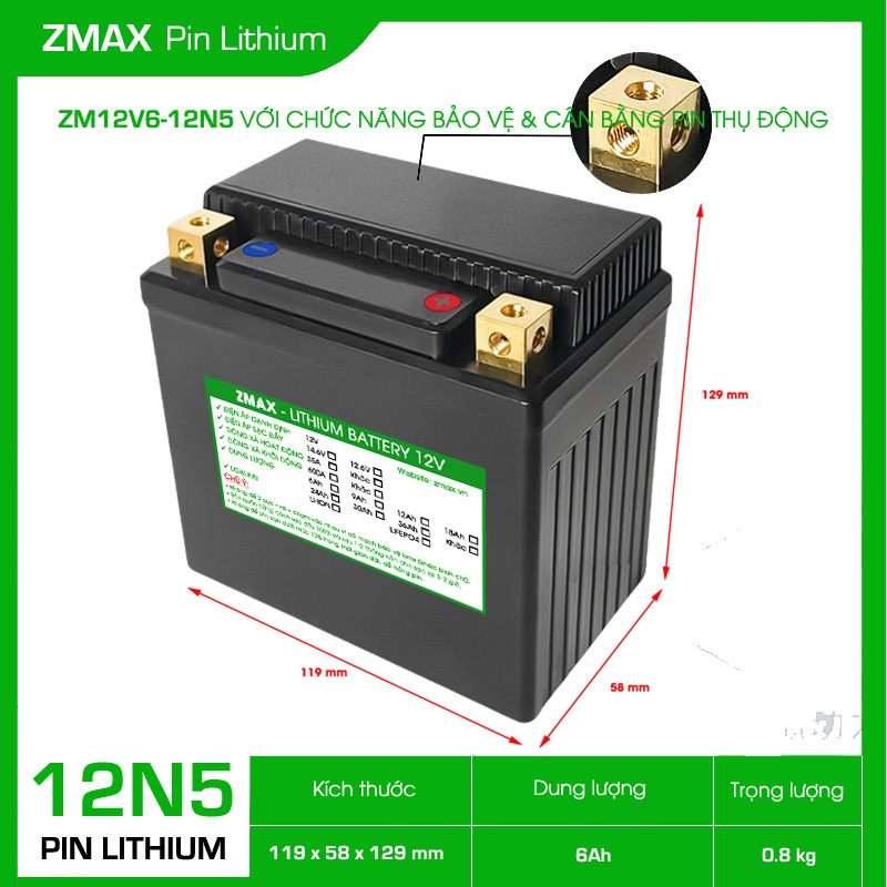 Bình Acquy ZMax Pin Lithium LifePO4 12V 6ah, ZM12V6-12N5 Dùng Cho Xe Máy