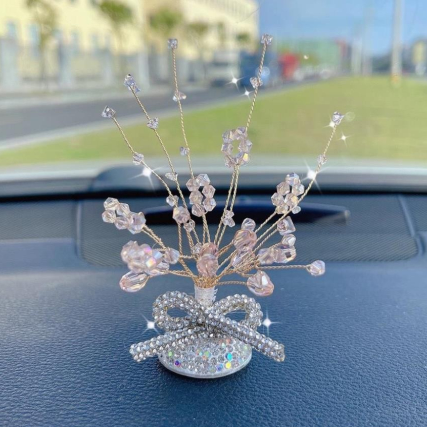 SP Lọ hoa thủy tinh đính đá nơ decor taplo xe ô tô - Phụ kiện decor taplo xe hơi