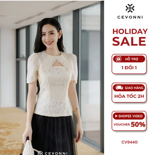 Áo Sơ Mi Kiểu Thiết Kế Phối Tơ Cổ Ly Xếp Ren Hoa Hồng Nổi Màu Be By Cevonni CV9440
