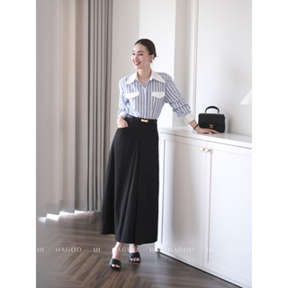 Áo sơ mi nữ cổ đức thiết kế kẻ sọc Linen phối trắng HAGOO phong cách công sở thanh lịch [A627]