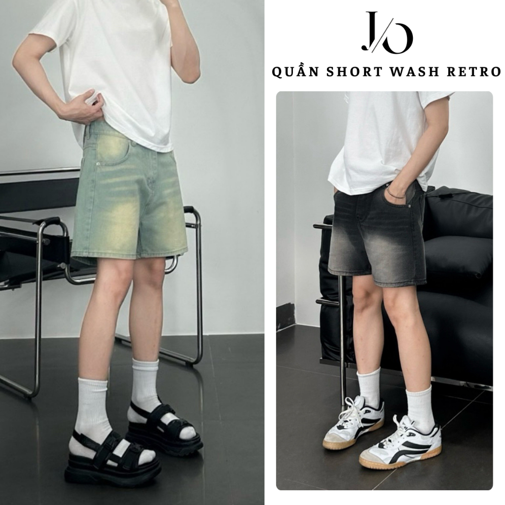 Quần Short Jean Nam 2 Màu Xanh Đen WASH Bụi Vintage Cá Tính Unisex Form Suông Ống Rộng Ngắn Trên Gối