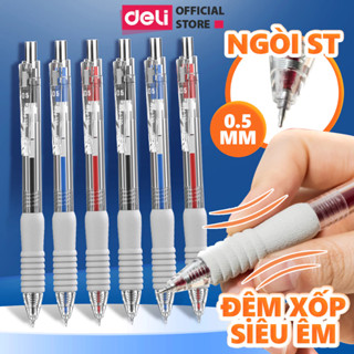 Bút Bi Nước Bút Gel Mực Bấm Deli Đệm Xốp Nhiều Màu Trơn Tru Ngòi 0.5mm Dành Cho Học Sinh Sinh Viên Văn Phòng