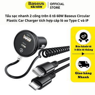 Tẩu sạc nhanh trên ô tô 60W Baseus Circular Plastic Car Charger tích hợp cáp lò xo Type C và iP