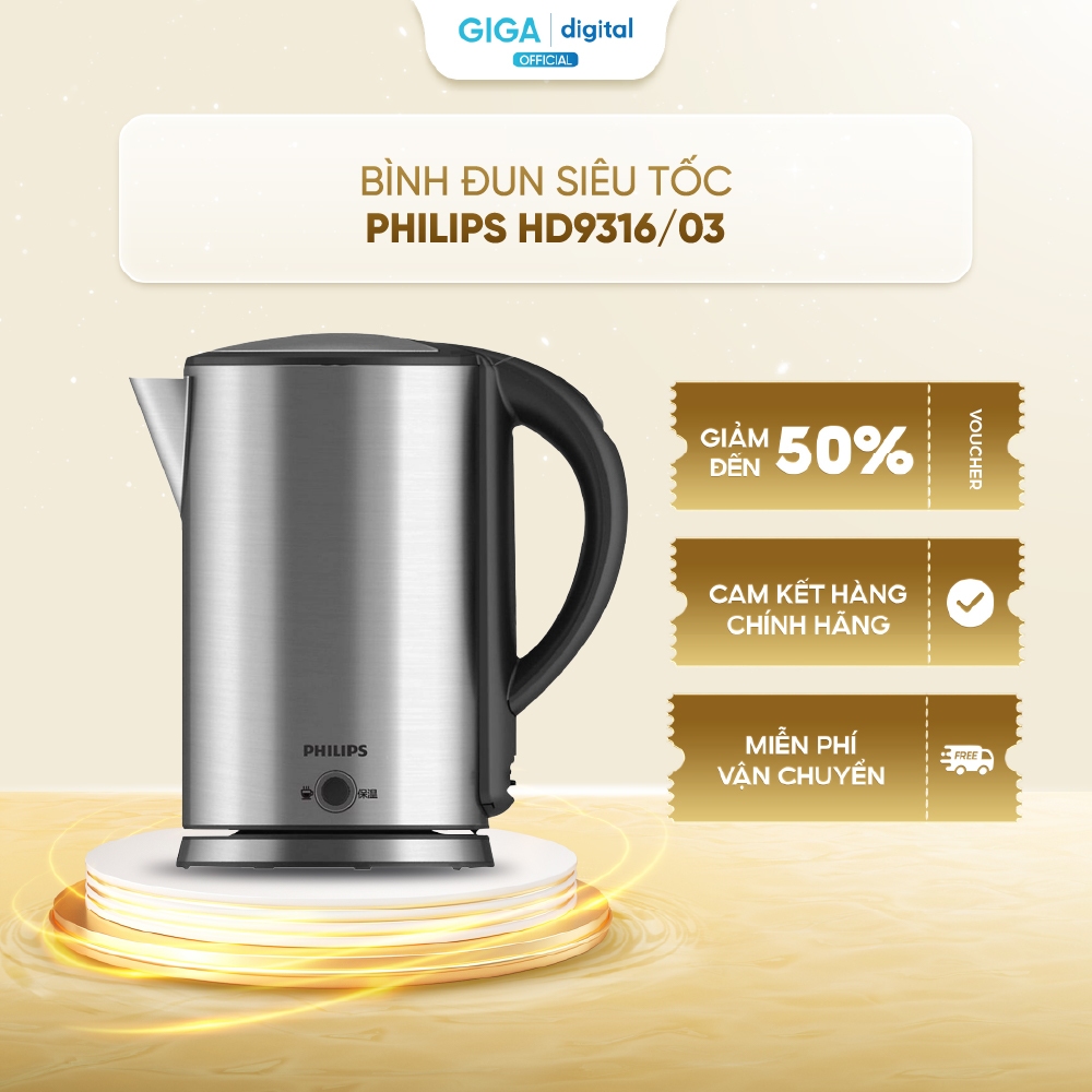 Bình đun siêu tốc Philips HD9316/03 1.7L - 1800W - Giữ ấm lâu hơn - Chính Hãng