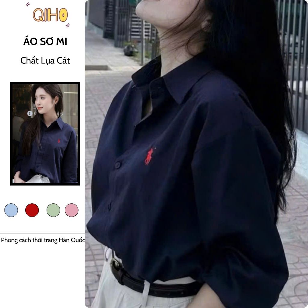 Áo sơ mi thêu ngựa tay dài, áo sơ mi nữ dài tay phong cách Hàn Quốc, áo sơ mi kiểu form rộng Qiho store | BigBuy360 - bigbuy360.vn