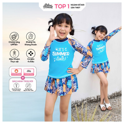 Đồ bơi trẻ em BIKINI PASSPORT kiểu Đồ bơi bé Gái hai mảnh váy áo tay lửng - Xanh họa tiết - KD024_IN