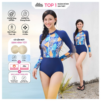 Bộ đồ bơi Nữ BIKINI PASSPORT kiểu Một mảnh dài tay phối khóa - Xanh họa tiết - BS470_IN