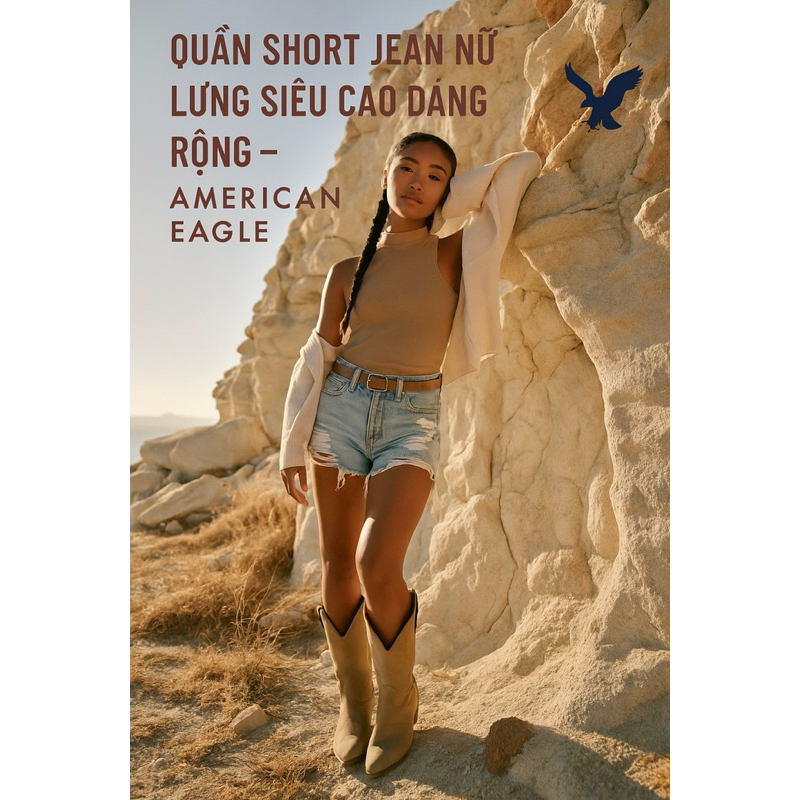 Quần Short Jean Lưng Siêu Cao Dáng Rộng AE Denim Highest Waist Baggy Short - Màu Indigo Shatter