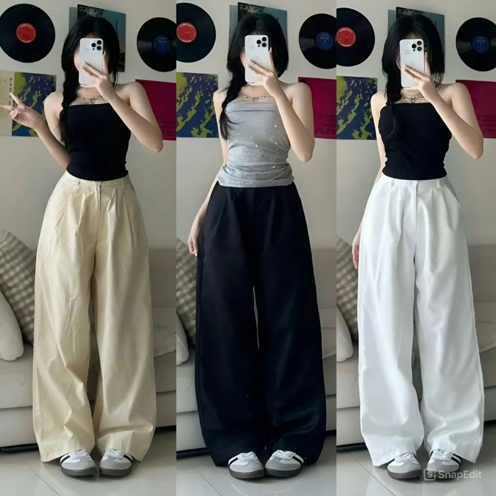 Quần kaki XẾP LY ống rộng MIAA nam nữ lưng cao Nửa Cạp chun phong cách Hàn Quốc trẻ trung