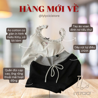 Bộ đồ ngủ nữ Hello Kitty dễ thương, áo hai dây croptop quần short, chất cotton thun co giãn, mặc nhà