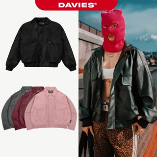 Áo khoác da bomber 2 lớp logo inox DAVIES màu đen thiết kế túi xéo và đường cắt tay áo độc đáo Classy Jacket