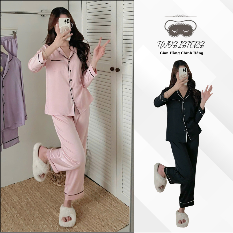 TWO SISITERS Đồ ngủ mặc nhà bộ ngủ lụa latin đồ ngủ nữ dài tay cute chất liệu lụa cực thoải mái  set