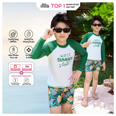 Đồ bơi trẻ em BIKINI PASSPORT kiểu Đồ bơi bé Trai quần lửng, áo dài - Xanh Lá họa tiết - KD028_GN
