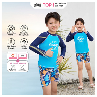 Đồ bơi trẻ em BIKINI PASSPORT kiểu Đồ bơi bé Trai quần lửng, áo dài - Xanh họa tiết - KD028_IN