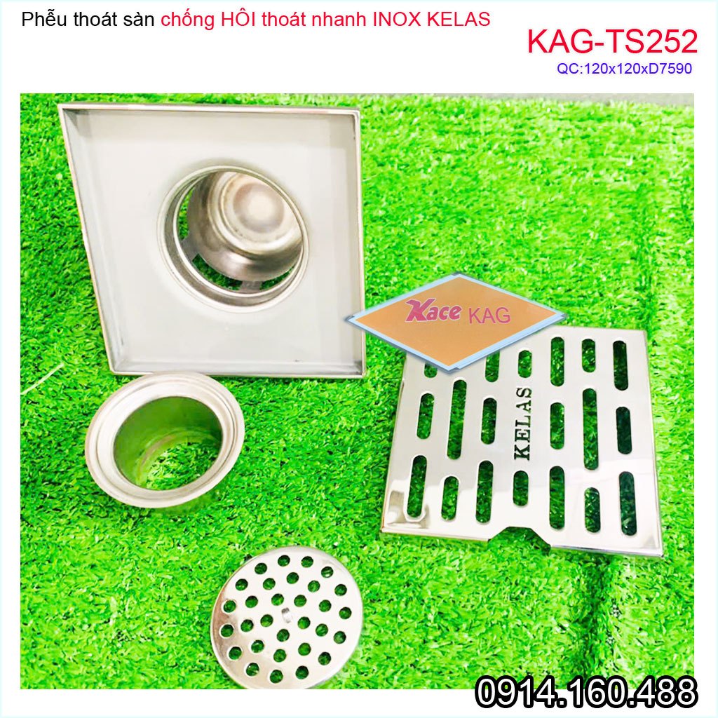 Thoát sàn Nhà tắm 12x12cm KAG-TS252 đế đạn cho ống D75/90, Phễu thoát Kelas  SUS304 cao cấp ống từ D