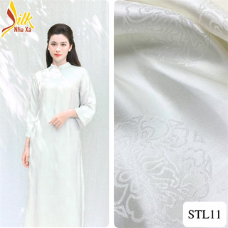 Lụa may áo dài - Nhaxasilk – hoa văn sen tròn màu trắng – STL11.