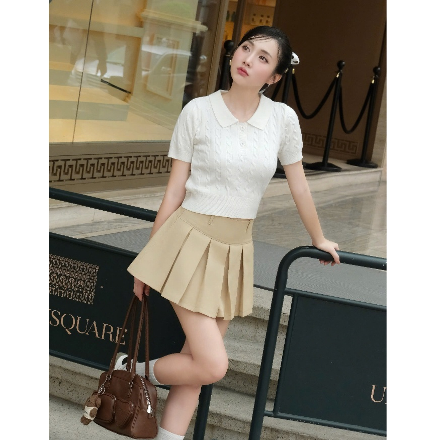 Chân váy xếp ly ngắn form xòe chất kaki hàn cạp cao tôn dáng xếp li to basic thiết kế CV32 DELIZ | BigBuy360 - bigbuy360.vn