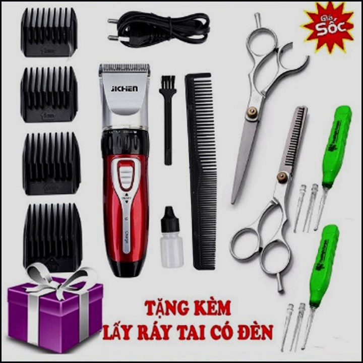 Tông đơ cắt tóc gia đình JICHEN kèm nhiều quà tặng, Máy hớt tóc trẻ em nam nữ JC 0817 kèm cữ lược đa năng