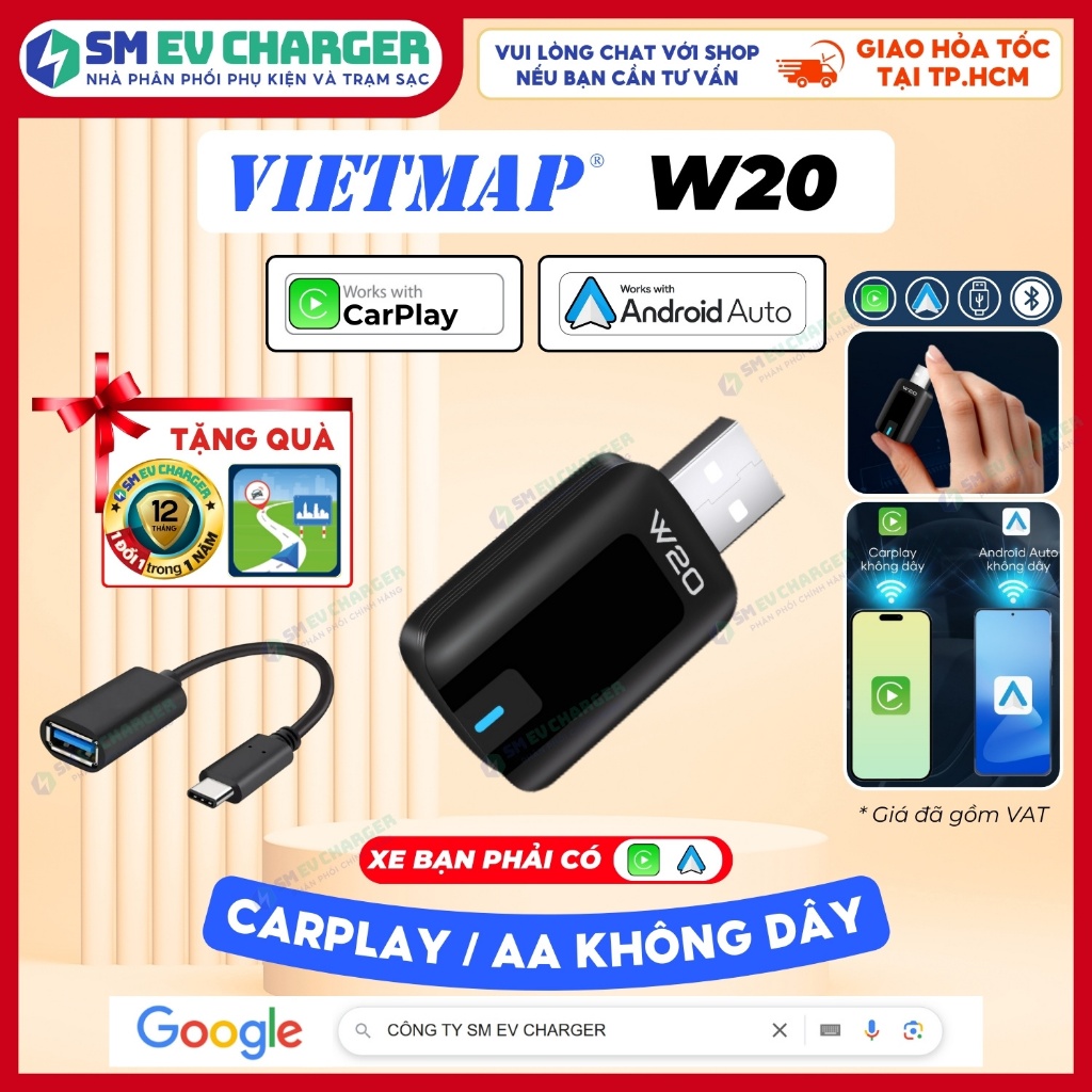 (Tặng Vietmap Live) SMEV Bộ USB VIETMAP W20 chuyển đổi tự động Android Auto CarPlay không dây cho ô 