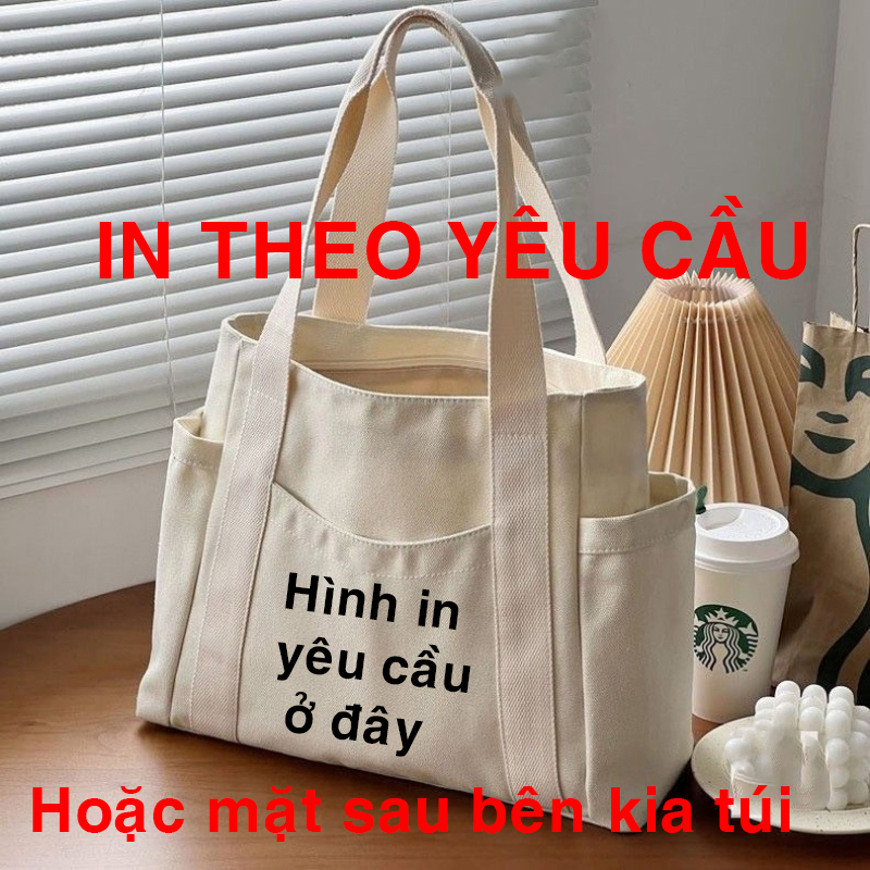 Túi Tote Có Khóa IN THEO YÊU CẦU - vải canvas kéo khóa đa chức năng túi xách vải có túi phụ (khách gửi hình in yêu cầu)