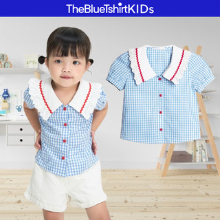 TheBlueTshirtKids - Áo kiểu cho bé gái cổ sen trắng sọc caro viền zigzag lace đỏ - BlueKid Lolita Top