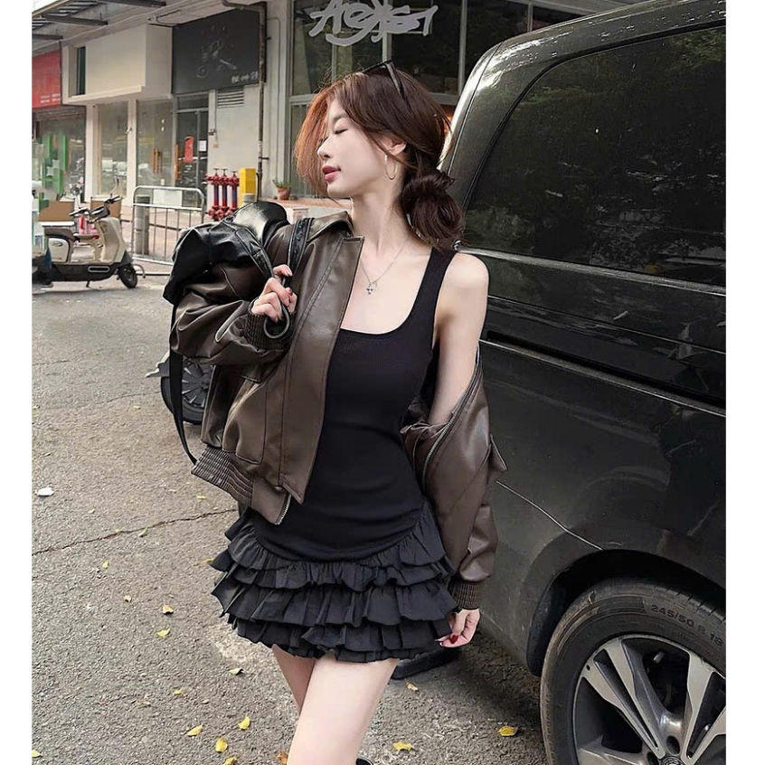 Váy 2 dây hè, Đầm cổ vuông mix chân váy xòe tầng đám may phong cách Hàn Châu Đại Lục Linzi