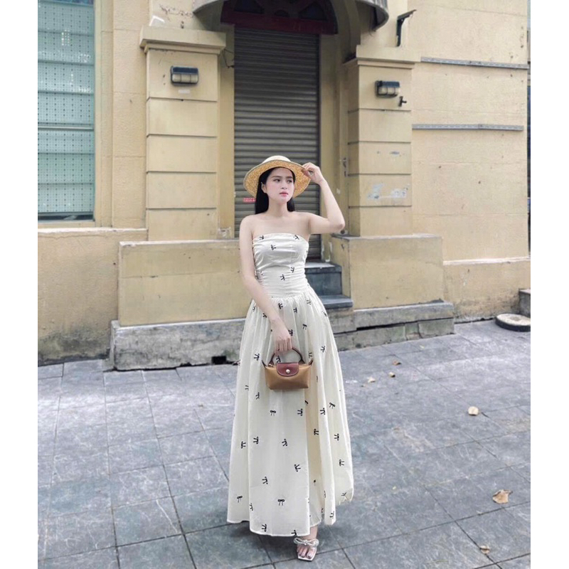 Đầm Dokki Doki lụa cúp ngực in 3D dài