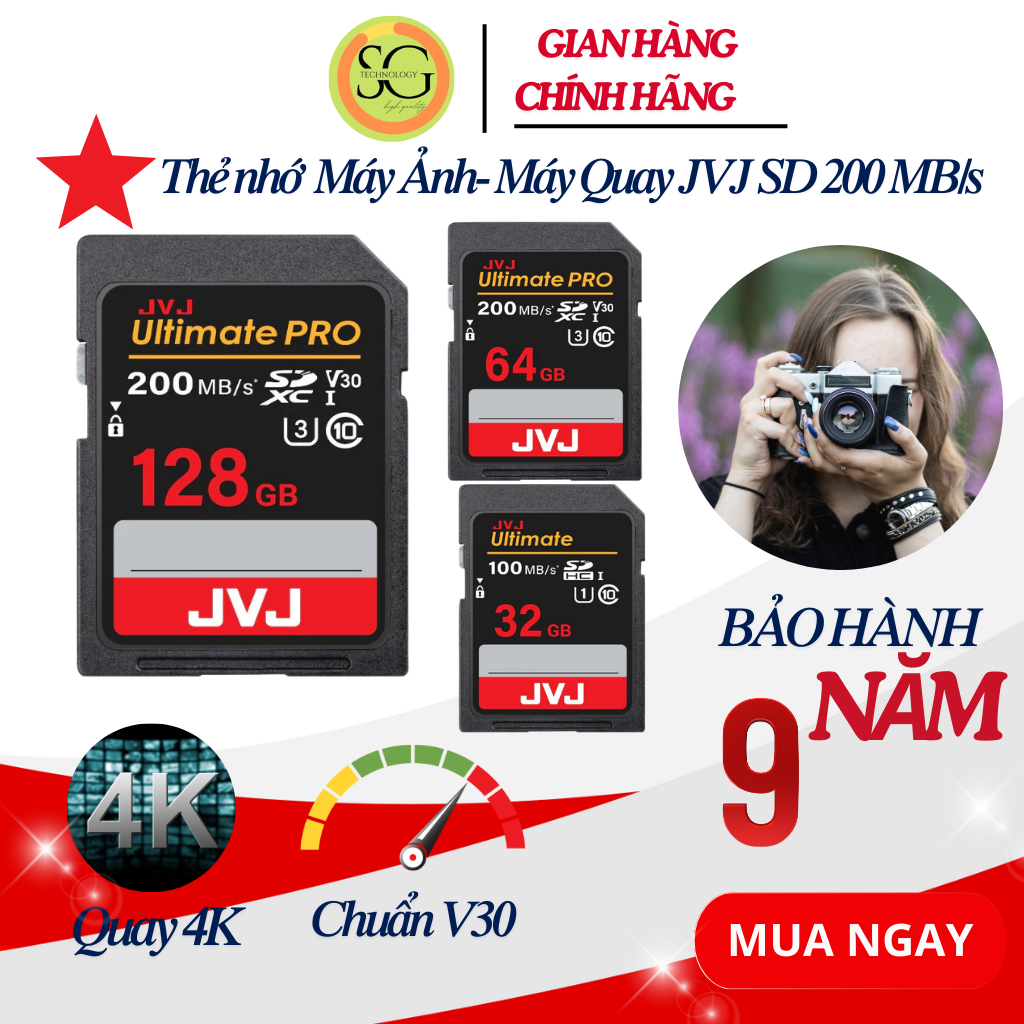 Thẻ nhớ SD 16G 32G 64G 128G JVJ Ultimate Pro Chuẩn V30 U3 Class10 100MB/s sử dụng máy ảnh, quay phim 4K FullHD BH:9 năm