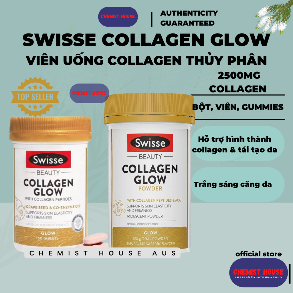 [Hàng Chuẩn ÚC] Swisse Beauty Collagen Glow - Collagen thủy phân đẹp da từ hạt nho vitamin E Coq10