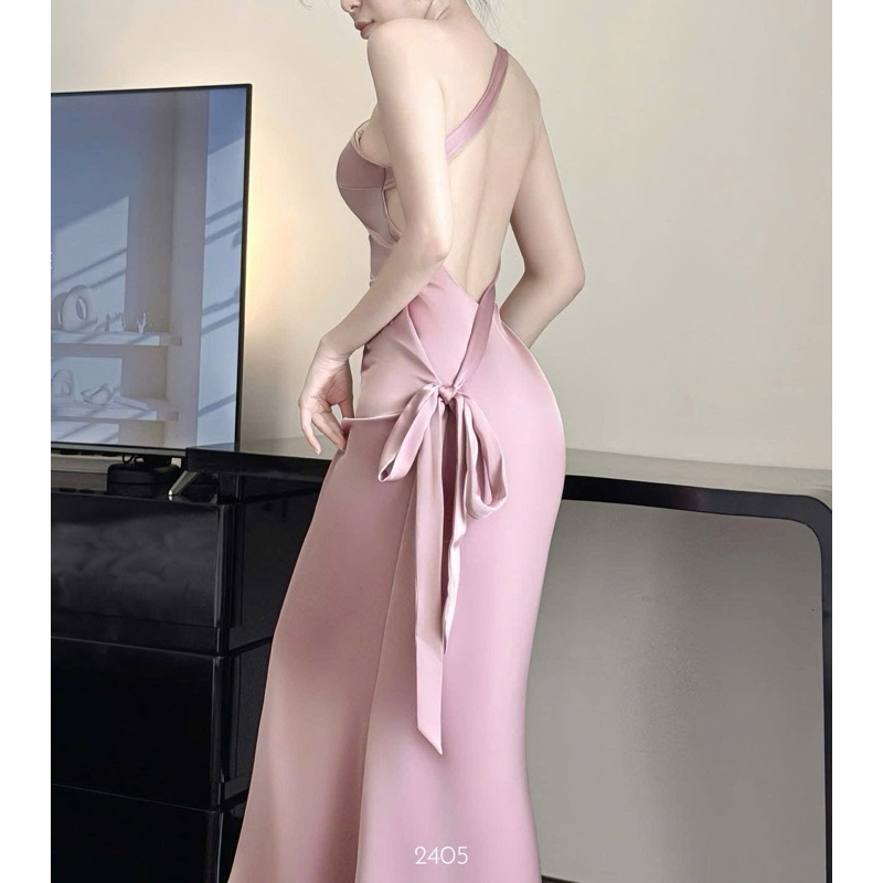 Đầm Lụa Dự Tiệc Dáng Dài Hở lưng Sang Chảnh - Váy Lụa Hở Lưng Dáng Dài Cột Nơ Tôn Dáng ( Có Mút) - D