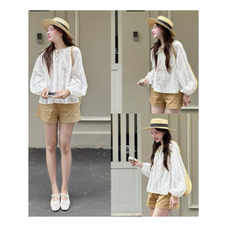 Áo Babydoll Nữ MYRA TOP Cổ V Tay Phồng – Chất Ren Thô Boil Mát, Hot Trend Lady