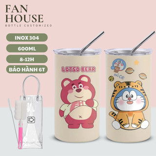  Ly giữ nhiệt Iced Americano gấu dâu bình nước cao cấp Fan House 600ml inox 304 tặng cọ rửa bình 
