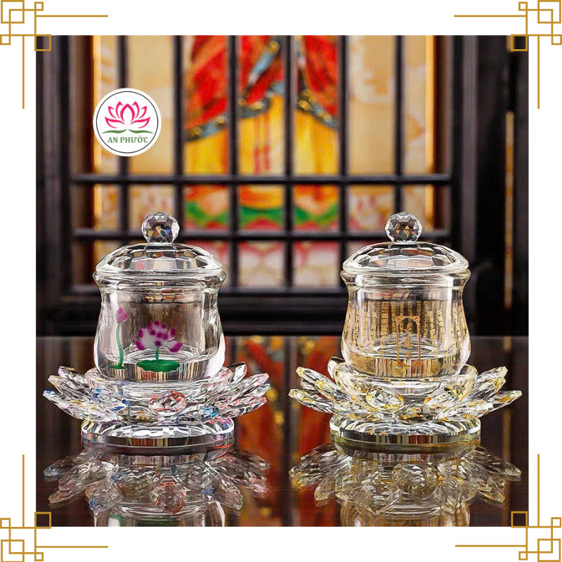 Ly nước cúng Phật pha lê khắc Chú Đại Bi, hoa sen - Đế hoa sen cỡ đại 15cm