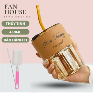 Cốc nước thủy tinh 450ml dày 2 lớp, Fan House ly thủy tinh có ống hút khắc tên theo yêu cầu tặng Sticker trang trí