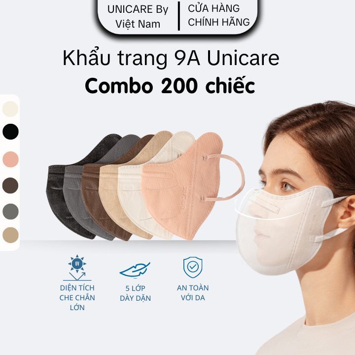 COMBO 200 chiếc Khẩu Trang 9A UNICARE chống Nắng Toàn Diện Dày Dặn 5 lớp Che Kín Mặt