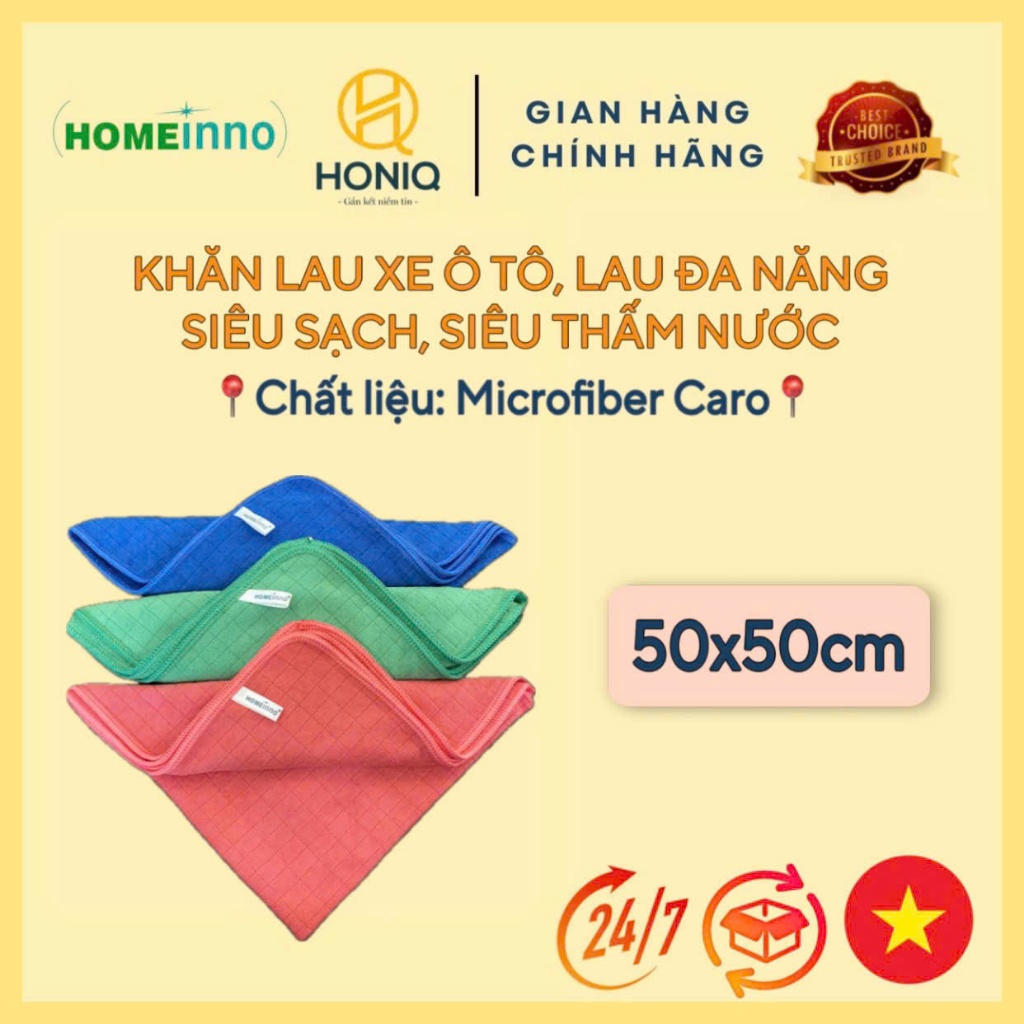 Khăn Lau Microfiber 50x50 – Lau Xe Chuyên Dụng, Siêu Thấm, Không Xơ – Homeinno