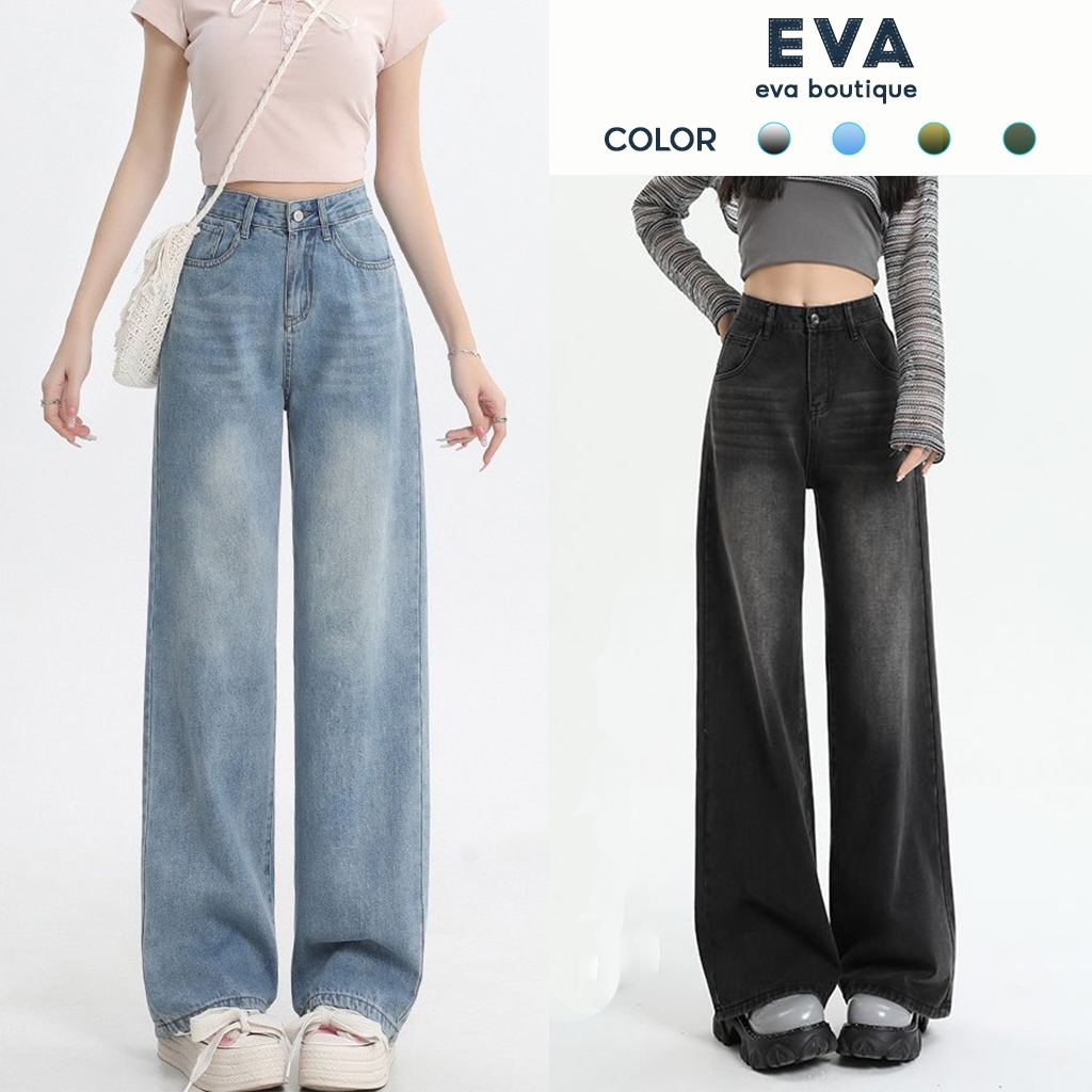 Quần Jean Nữ Ông Suông Cạp Cao Wash Màu Retro Nữ Tính, Quần Bò Ống Rộng Lưng Cao Phong Cách Vintage