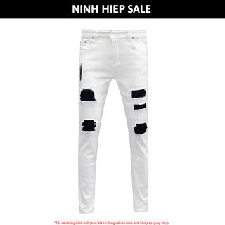  Quần jean nam A trắng vá vải đen dáng skinny hàng Quảng Châu quần bò A trắng vá đùi ống bó chất co dãn 8205 