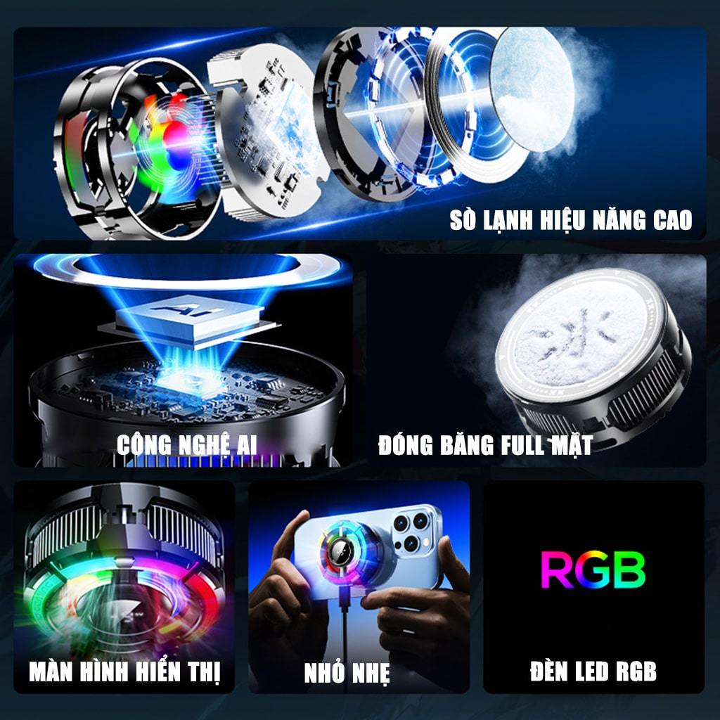 Quạt tản nhiệt điện thoại sò lạnh từ tính Memo CX15 Pro AI RGB Gaming thế hệ mới đóng băng bề mặt