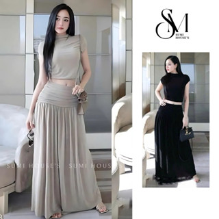 Set áo cổ cao tay hến dáng croptop kèm chân váy midi nhún hông tôn dáng - thun nhũ BB105