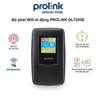 Bộ phát Wifi di động PROLiNK DL7203E, SIM 4G LTE 150Mbps, pin 6000mAH 25h, cổng RJ45, USB 2.0