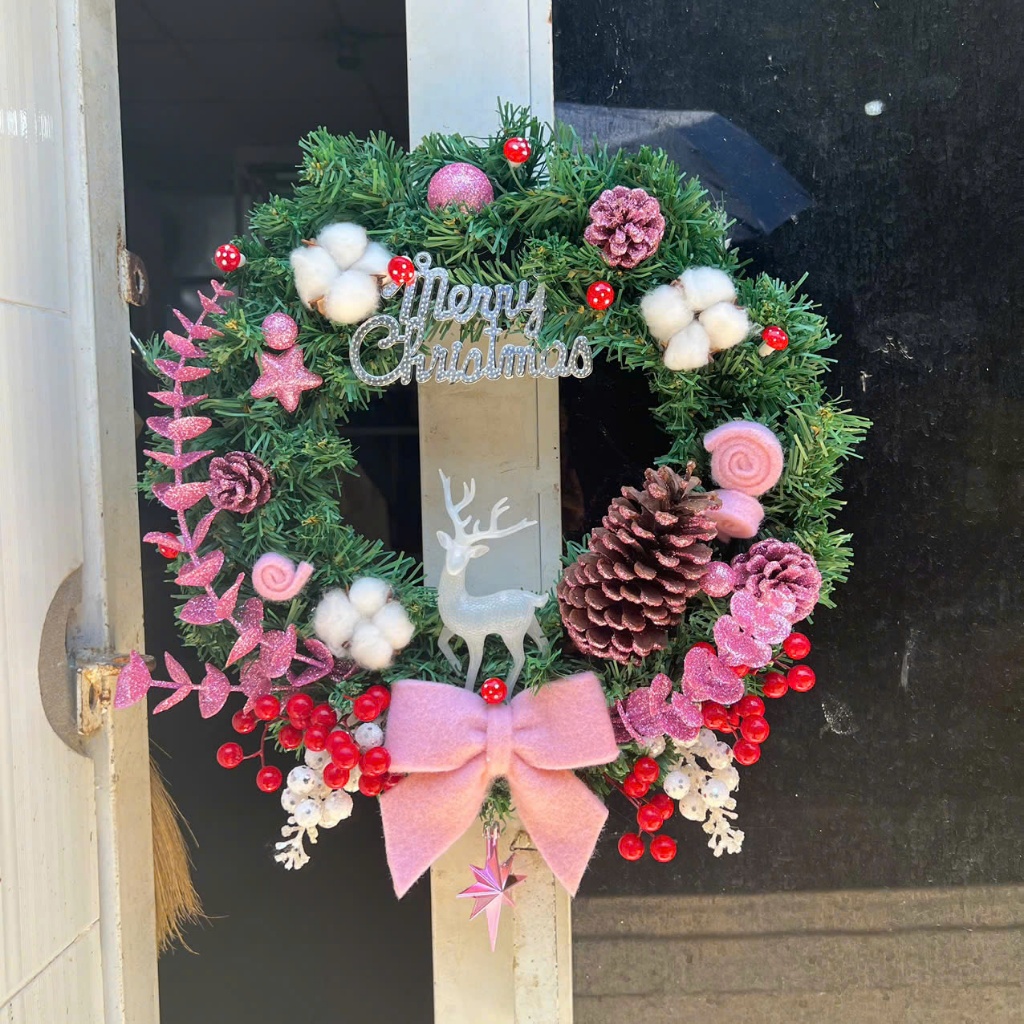 Vòng Hoa D84 40CM Trang Trí Noel Kèm Đèn, Vòng Nguyệt Quế Trang Trí Giáng Sinh