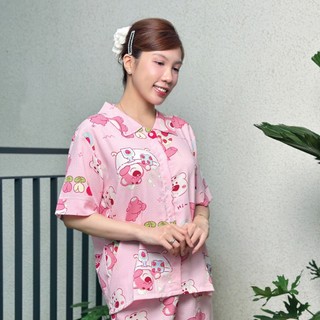MAYBI Bộ pyjama ngắn suông ngắn tay cotton họa tiết gấu dâu losta