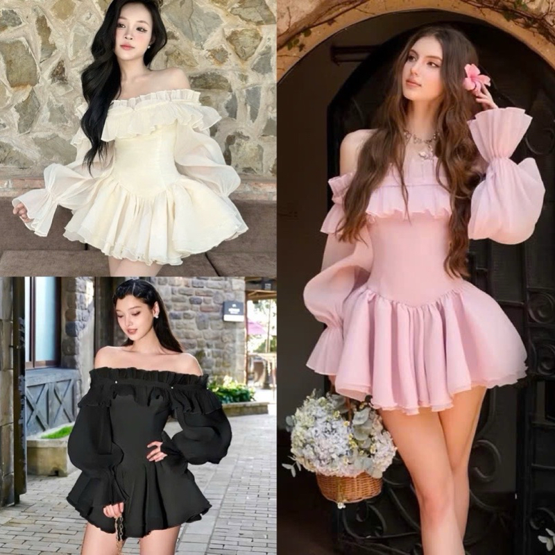 Váy công chúa trễ vai tay bồng viền bèo tay loe chất voan tơ, Đầm nữ hở vai xoè bồng hồng đen be tiể