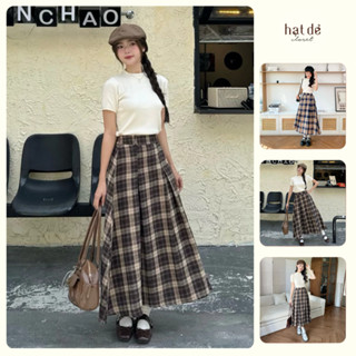 Chân váy xoè caro dáng dài xếp ly eo chun co giãn (Chân váy Thu)
