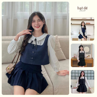 [hatde][GIẢM 50K ĐƠN 0K] |Kèm ruy băng |Áo sơ mi dáng croptop phối tay kẻ sọc chất xước mềm cotton 03 màu (Sơ mi Giao)