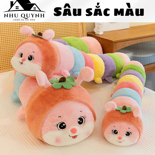 Gối Ôm Gấu Bông Sâu Nhiều Màu Tích Hợp Tai Thỏ  Đáng Yêu, Siêu Mềm Mịn, Thoải Mái Cho Bé