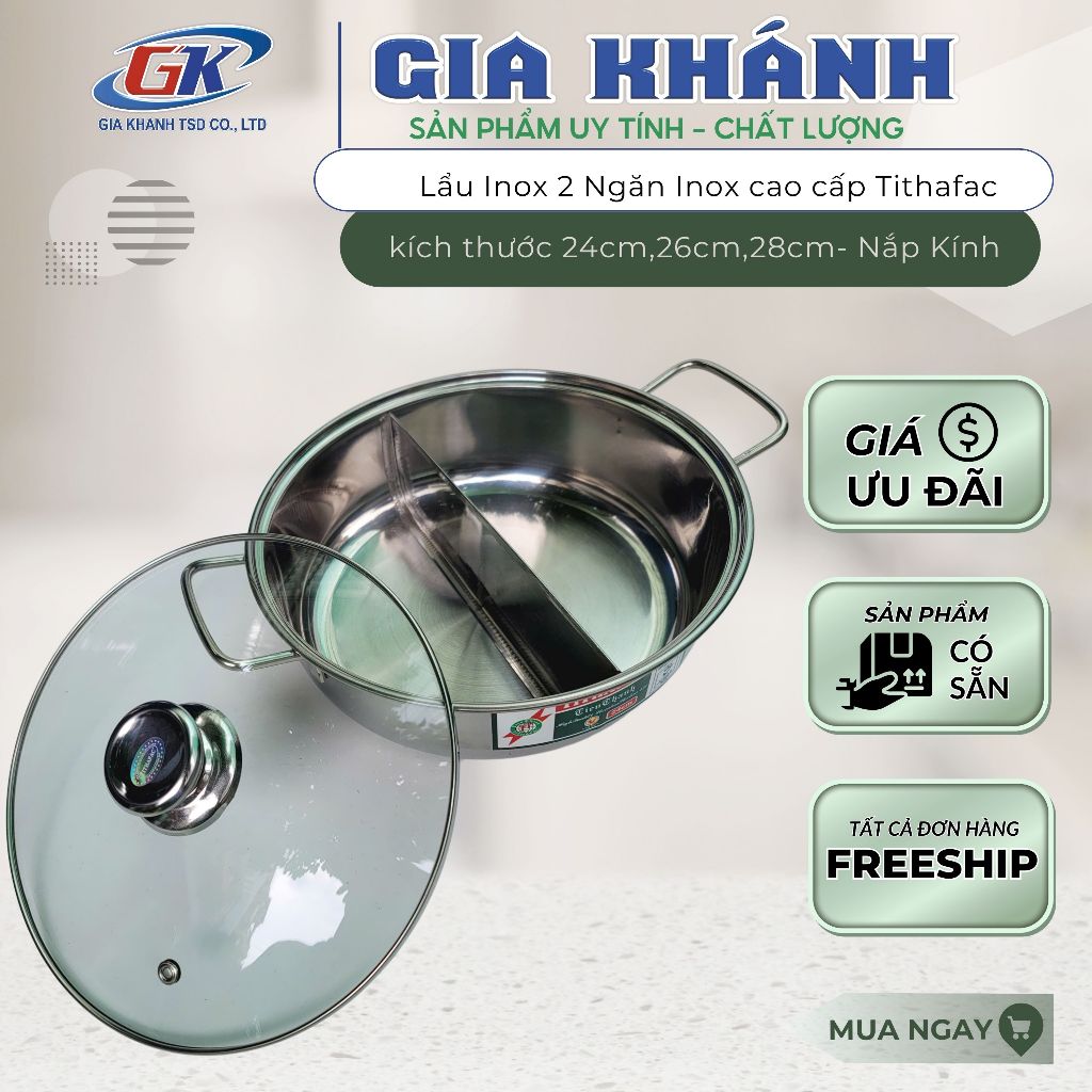 nồi lẩu, nồi lẩu 2 ngăn, Nồi lẩu nắp kính inox 2 ngăn TITHAFAC- 2 ngăn tiện dụng