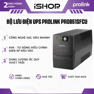 Bộ lưu điện UPS PROLiNK PRO851SFCU (850VA) công suất 480W, tích hợp bộ AVR, sạc siêu nhanh, dùng cho PC, Camera, Wifi
