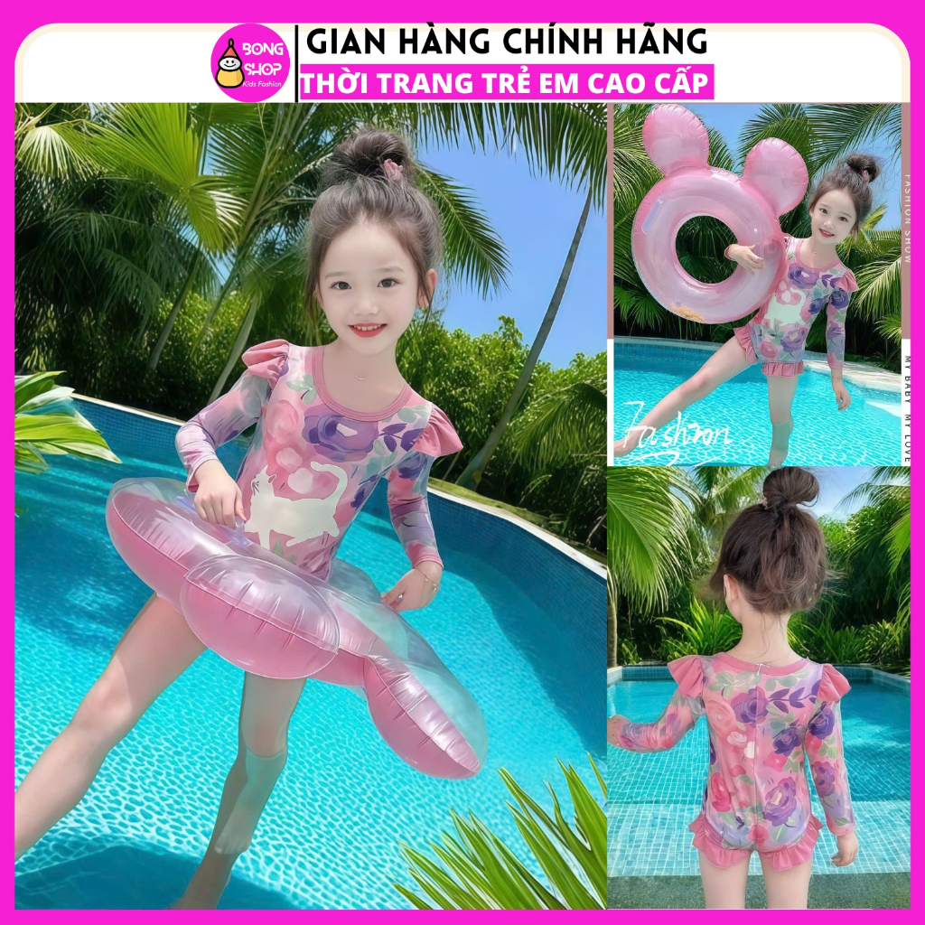{ tặng kèm mũ bơi } Bikini bé gái 1 mảnh liền thân - đồ bơi hoa hồng cộc tay cho bé gái 3-12 tuổi
